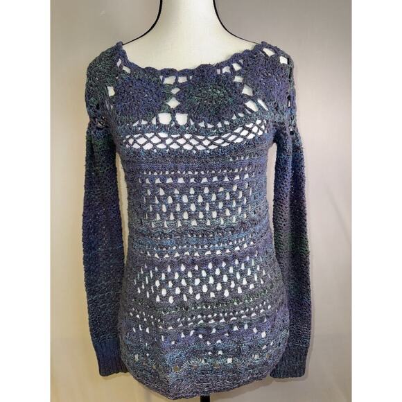Free People Tops - Free People Women’s XS Open Knit Crochet Sweater Boho Festival Purple‎ Blue